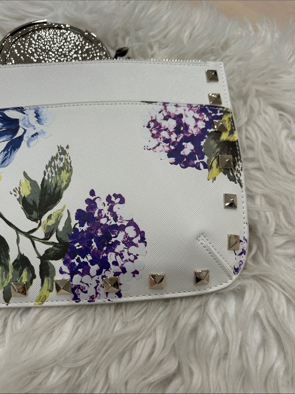White House Black Market White Floral Studded Wristlet with Purple & Green Print - Picture 4 of 5